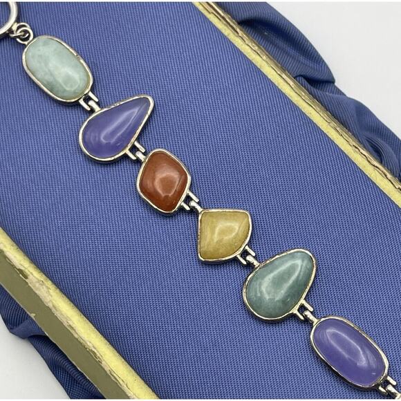 Sterling Silver Bracelet Jade Multi Color Green Purple Lavender Toggle HN China - Picture 2 of 9